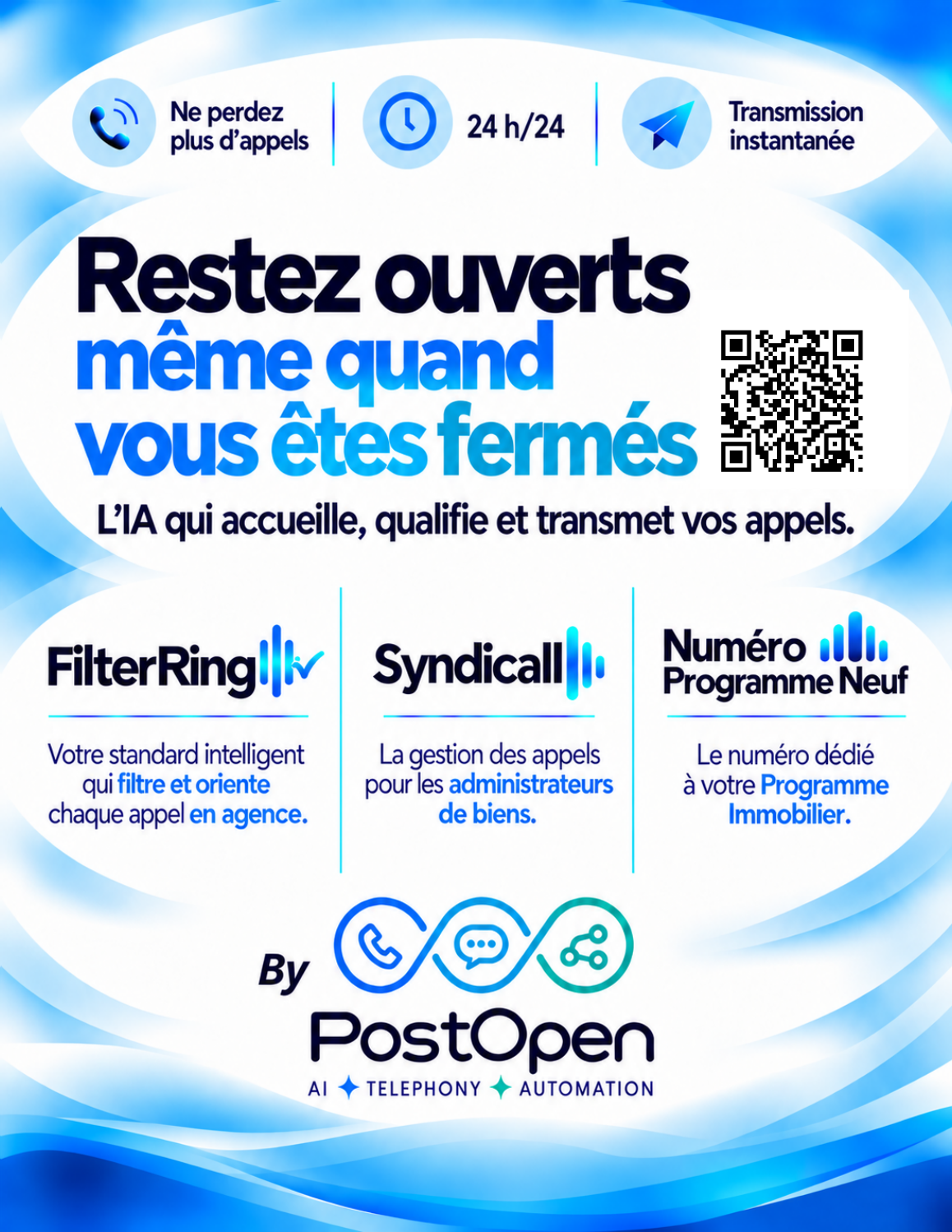 Affiche PostOpen RENT : Restez ouverts même quand vous êtes fermés. FilterRing, Syndicall et Numéro Programme Neuf.